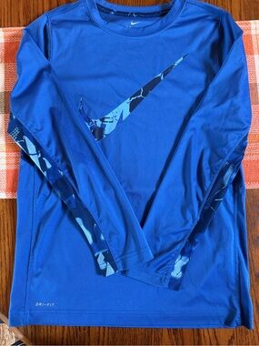 Nike Blue Long-Sleeve Dri-FIT Tee with Swoosh